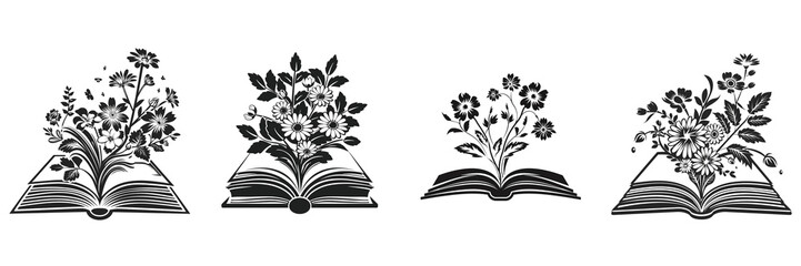 Set of a black and white logo of an open book with flower   on a ,transparent background