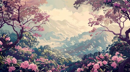 Nostalgic wallpaper scene with blooming rhododendrons in a highland park - obrazy, fototapety, plakaty