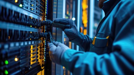 A man in electric blue engineering attire is performing gestures while working on a server in a data center. AIG41 - obrazy, fototapety, plakaty