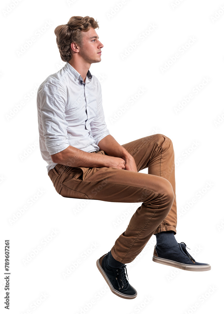 Wall mural An Isolated sitting handsome young man wearing a white shirt and a salmon red chino trousers, cutout on transparent background, ready for architectural visualisation.	
