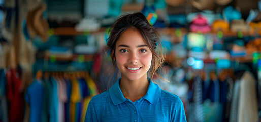20s latina woman, employee standing in a clothing store, in blue tshirt