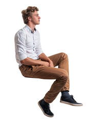 Naklejka premium An Isolated sitting handsome young man wearing a white shirt and a salmon red chino trousers, cutout on transparent background, ready for architectural visualisation. 
