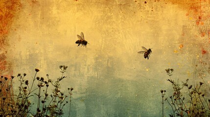 Nostalgic wallpaper scene with wild thyme and bees in a rustic setting - obrazy, fototapety, plakaty