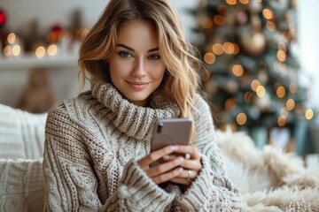 Beautiful young woman with blonde hair in a cozy knit sweater using her smartphone at home