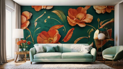 Interior of living room with green sofa, flowers background
