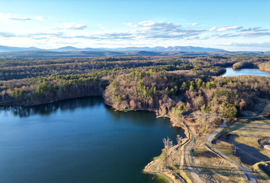 catskill mountains and lake near rosendale (aerial drone view of sunset in distant hills) scenic hudson valley landscape (travel tourism eco, hike, hiking, outdoor) trails paths walking sky blue water