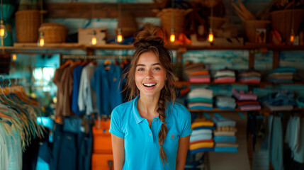 Cheerful clothing salesperson assisting customers in fashion Boutique, in blue t-shirt 