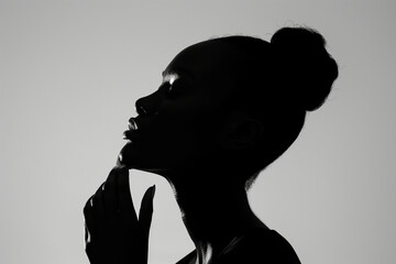 Silhouetted against simplicity, a 40-year-old woman wipes off makeup, showcasing her natural glow and confident demeanor like a featured model in a cosmetics campaign.