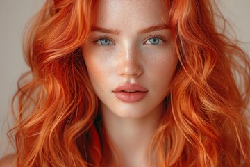 Naklejka premium Striking red-haired young woman with freckles and an intense gaze looking directly at the camera