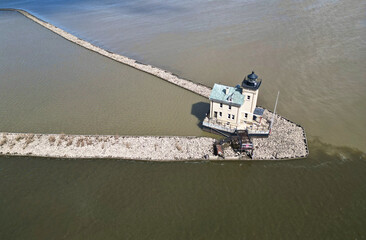 rondout lighthouse in kingston new york (aerial photo of small light house at confluence of hudson...