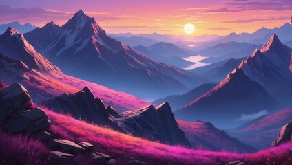 Illustration of mountain top view with sunrise light, featuring rich purple and magenta colors. - obrazy, fototapety, plakaty