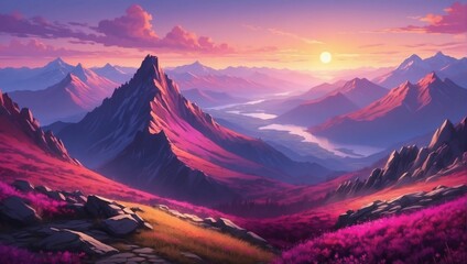 Illustration of mountain top view with sunrise light, featuring rich purple and magenta colors. - obrazy, fototapety, plakaty