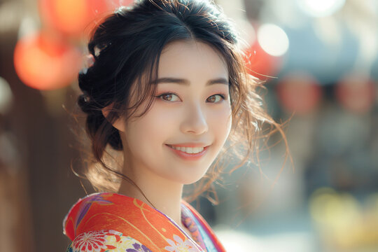 A charming young Asian woman in a vintage kimono, her eyes reflecting a blend of tradition and modernity, with a joyful grin.