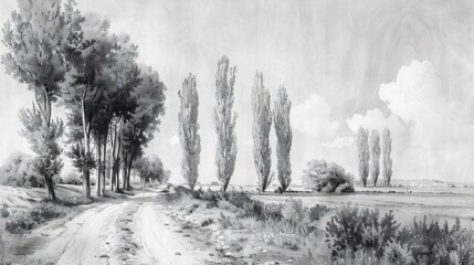 Old fashioned drawing of a row of poplars lining a tranquil country road - obrazy, fototapety, plakaty