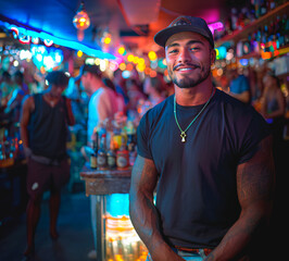 20s latino man in a bar, wearing a black t-shirt and a cap, smiling looking at camera 