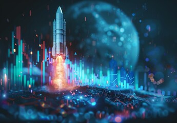 Rocket launching amidst a dark cyberspace backdrop symbolizes the upward trajectory of a successful business startup, reflecting financial growth and achievement in the realm of technology and innovat - obrazy, fototapety, plakaty