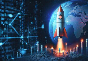 Obraz premium Rocket launching amidst a dark cyberspace backdrop symbolizes the upward trajectory of a successful business startup, reflecting financial growth and achievement in the realm of technology and innovat