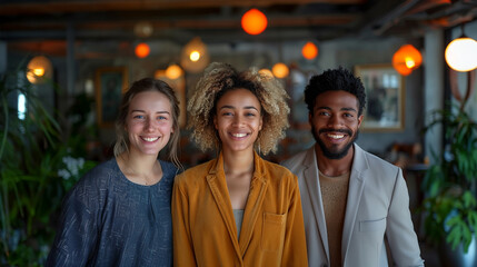 three multiracial successful teamwork business people standing and smiling in an office 