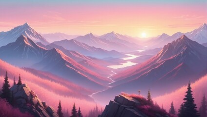 Illustration of mountain top view with sunrise light, featuring soft pastel pink tones.