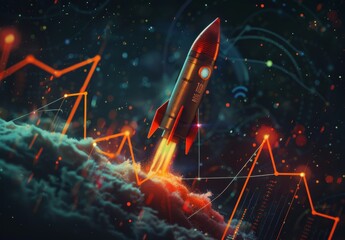 Rocket launching amidst a dark cyberspace backdrop symbolizes the upward trajectory of a successful business startup, reflecting financial growth and achievement in the realm of technology and innovat