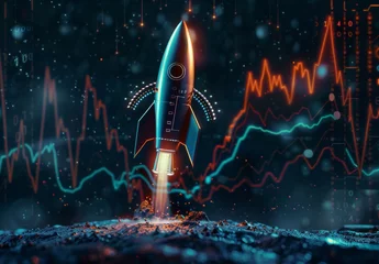Fotobehang Rocket launching amidst a dark cyberspace backdrop symbolizes the upward trajectory of a successful business startup, reflecting financial growth and achievement in the realm of technology and innovat © Nicat