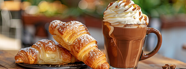 Croissants and Coffee with Whipped Cream Topping
 - obrazy, fototapety, plakaty
