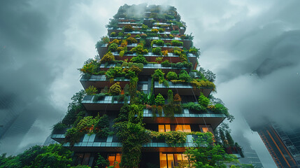  low angle of a tall building with a lot of greenery on it  