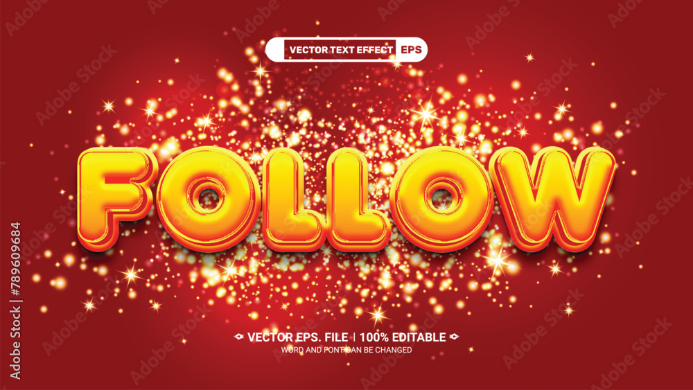 Poster follow editable 3d vector text style effect with sparkle on red background