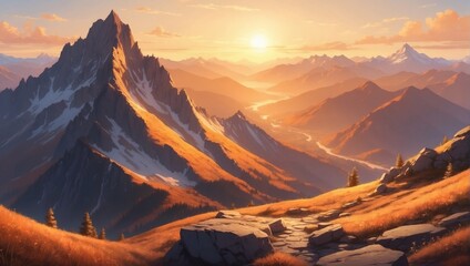 Illustration of mountain top view with sunrise light, featuring warm golden hues. - obrazy, fototapety, plakaty