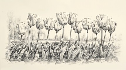 Old fashioned drawing of tulips lined neatly in a formal garden setting