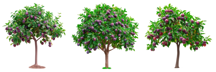 A set of plum trees isolated on a white or transparent background. A close-up of a plum trees with purple plums. A graphic design element on the theme of nature and tree care.