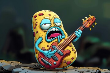 A potato, armed with a miniature guitar, strums out a soulful melody, its starchy body resonating with the rhythm of the blues