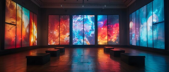 Vivid Cosmic Display on Multimedia Gallery Wall. Concept Galactic Light Show, Interactive Art Installation, Futuristic Multimedia Experience