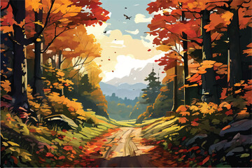 A road through a maple forest. Illustration background. Autumn Landscape. 