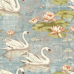 Old world charm in a wallpaper pattern with lilies and gracefully swimming swans