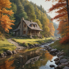 Stone house in sunlit valley, painting using oil, landscape