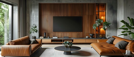 Sleek Minimalist Living Space with Wood Accents. Concept Interior Design, Minimalist Style, Wood Accents, Sleek Decor, Living Space