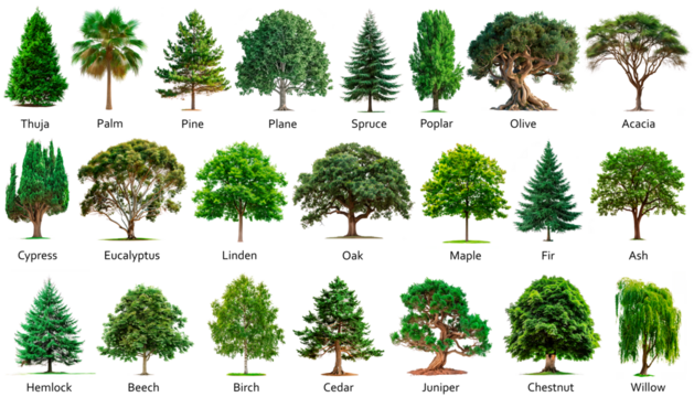 Big set of trees isolated on a white or transparent background. Bundle of trees with green leaves close-up, front view. Graphic design element on the theme of nature and caring for trees.