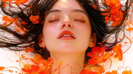 A beautiful girl with long black hair and orange eyes, lying in a pool of orange flowers.