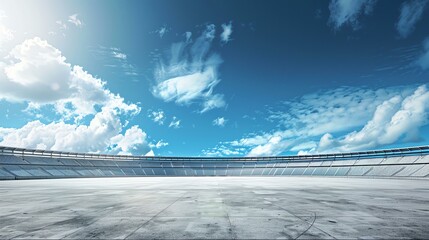 Large, empty stadium with a blue sky and white clouds. The stadium is made of concrete and has a...