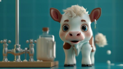 In a bustling farm, a robotic cow grazes peacefully, its artificial udder producing milk that nourishes hungry children