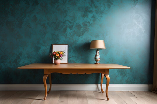 An empty table against a heavily wallpapered apartment design, maximalist background design, blank product, photo backdrop, and scene design.