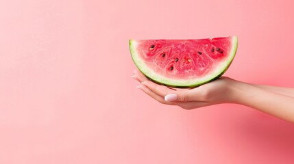 Anonymous woman holding a slice of watermelon in her hand against pink background.