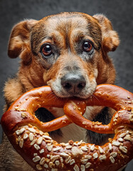A dog holding a heart shaped pretzel in it's mouth