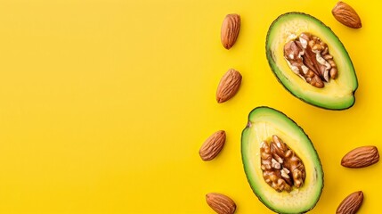 Bright avocado halves with nuts isolated on vivid yellow background.