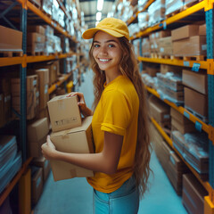 20s white female, warehouse worker, surrounded by shelves of boxes, in yellow uniform, holding two boxes