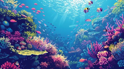 Retro style wallpaper with exotic fish and coral reefs in an underwater seascape