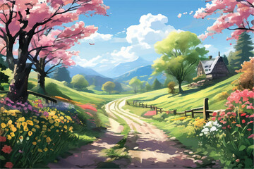 Beautiful spring morning in the park. Blooming spring land sniffing background nature landscape. A road through Beautiful spring park.  - obrazy, fototapety, plakaty