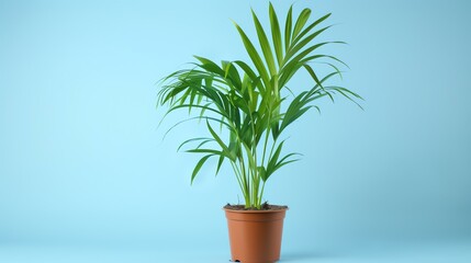 This image shows a beautiful potted Areca palm plant with lush green leaves, standing on a blue background.