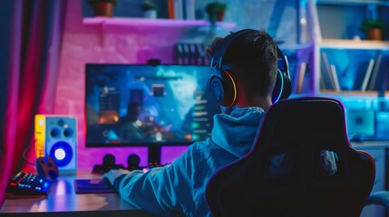 Young gamer playing video games on his computer in a dark room. He is wearing headphones and sitting in a gaming chair.